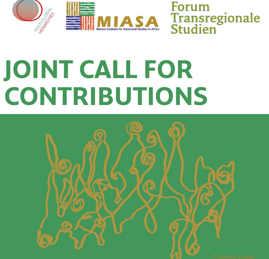 An abstract drawing in green and gold, above that the text "Joint call for contributions" and the logos of the partaking institutions.